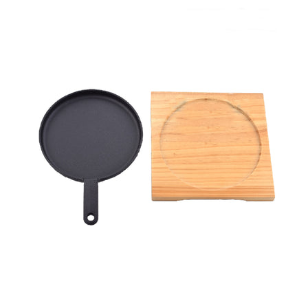 Cast Iron Pan - Sizzling Plate Cast Iron Skillet Round Pan with Handle and Wooden Base Board