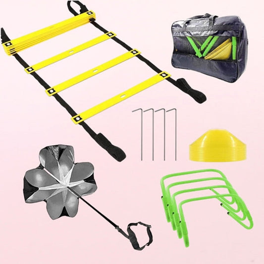 Speed Agility Training Set - Includes 1 Resistance Parachute, 1 Agility Ladder, 4 Steel Stakes, 4 Adjustable Hurdles, 12 Disc Cones