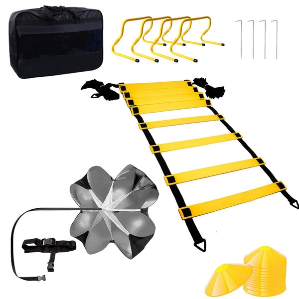 Speed Agility Training Set - Includes 1 Resistance Parachute, 1 Agility Ladder, 4 Steel Stakes, 4 Adjustable Hurdles, 12 Disc Cones