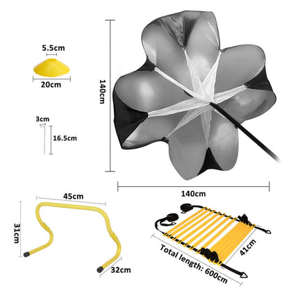 Speed Agility Training Set - Includes 1 Resistance Parachute, 1 Agility Ladder, 4 Steel Stakes, 4 Adjustable Hurdles, 12 Disc Cones