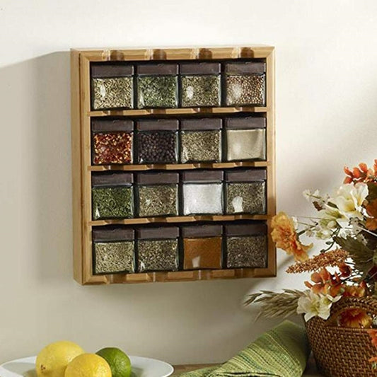 Spice Rack Set - Multipurpose Countertop Pantry Spy Wood Condiment Organizer Shelf 16 Grid with Jars