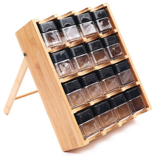 Spice Rack Set - Multipurpose Countertop Pantry Spy Wood Condiment Organizer Shelf 16 Grid with Jars