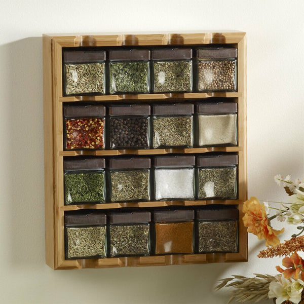 Spice Rack Set - Multipurpose Countertop Pantry Spy Wood Condiment Organizer Shelf 16 Grid with Jars