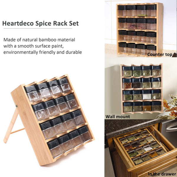 Spice Rack Set - Multipurpose Countertop Pantry Spy Wood Condiment Organizer Shelf 16 Grid with Jars