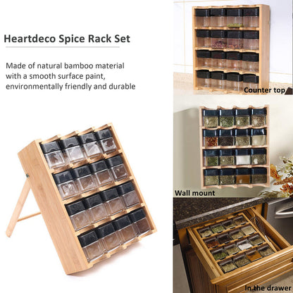 Spice Rack Set - Multipurpose Countertop Pantry Spy Wood Condiment Organizer Shelf 16 Grid with Jars