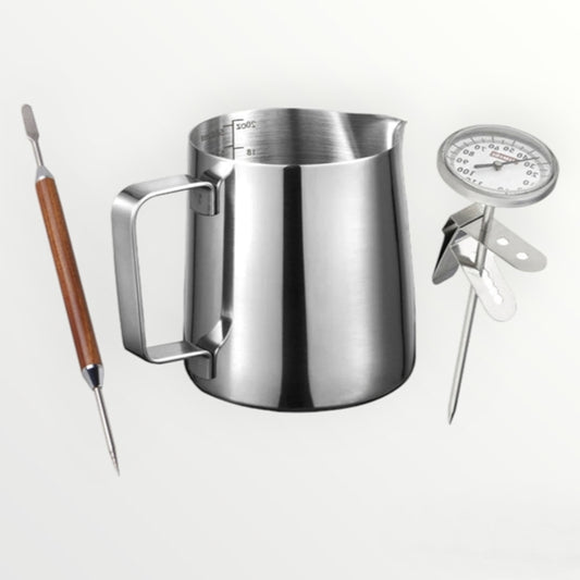 Stainless Steel Milk Frothing Pitcher with Thermometer and Latten Art Pen