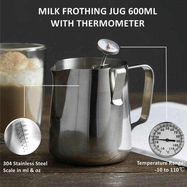 Stainless Steel Milk Frothing Pitcher with Thermometer and Latten Art Pen