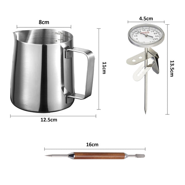 Stainless Steel Milk Frothing Pitcher with Thermometer and Latten Art Pen