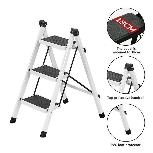 Three Step Ladder - Portable Household Foldable 3 Step Ladder with Anti-Slip Sturdy Pedal