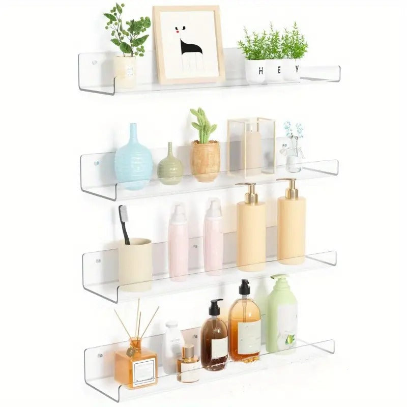 Pack of 4 Versatile Acrylic Display Floating Shelf Organizer with Hand Gloves and Installation Accessories