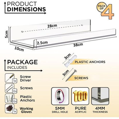 Pack of 4 Versatile Acrylic Display Floating Shelf Organizer with Hand Gloves and Installation Accessories