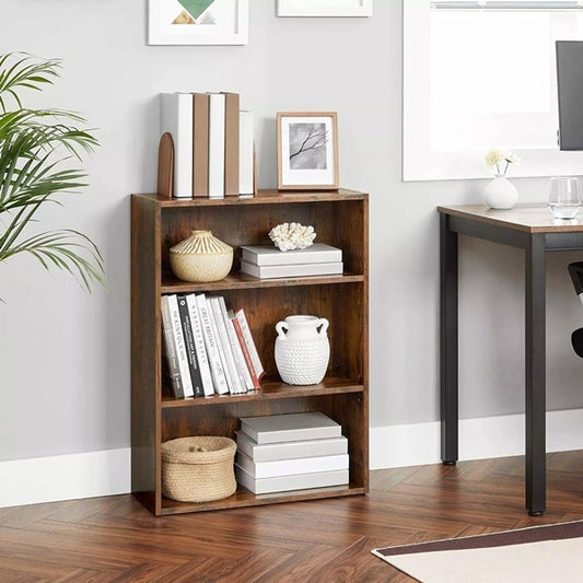 Versatile Open Bookcase - Rustic Brown 3-Tier Open Bookcase Adjustable Storage Shelves