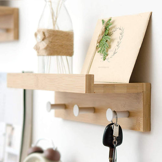 Wall Mounted Shelf - Bamboo Wall Shelf Towel Holder Floating Shelf with Hooks