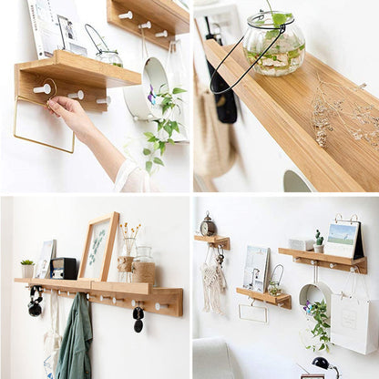 Wall Mounted Shelf - Bamboo Wall Shelf Towel Holder Floating Shelf with Hooks