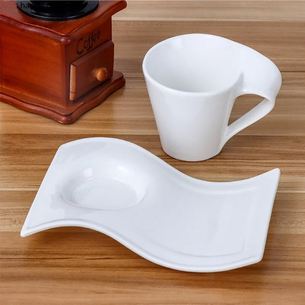 Cups and Saucer Set - 12 Piece Elegant Wave-Shape Porcelain Coffee Cups and Saucer Set