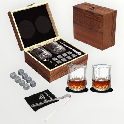 Luxury Whiskey Glass and Granite Chilling Stones Set with Accessories in Wooden Gift Box