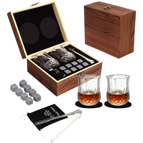 Luxury Whiskey Glass and Granite Chilling Stones Set with Accessories in Wooden Gift Box