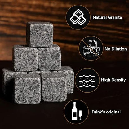 Luxury Whiskey Glass and Granite Chilling Stones Set with Accessories in Wooden Gift Box