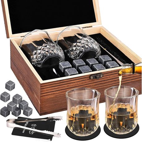 Luxury Whiskey Glass and Granite Chilling Stones Set with Accessories in Wooden Gift Box