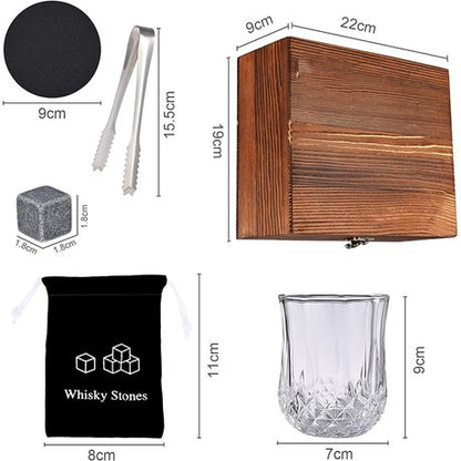 Luxury Whiskey Glass and Granite Chilling Stones Set with Accessories in Wooden Gift Box