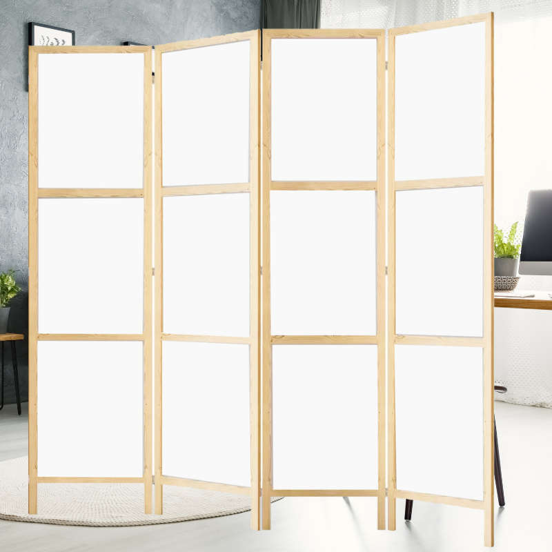 Partition Room Divider - Sturdy White 4-Panel Folding Privacy Screen Room Divider with Solid Wooden Frame