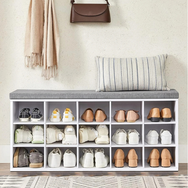 Bench Shoe Rack - White Entryway 15 Cubbies Bench Compartments Shoe Rack with Cushion