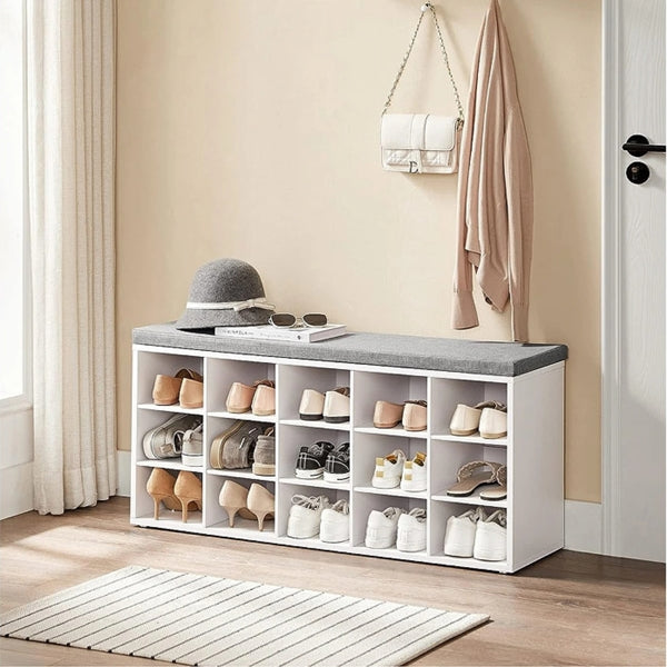 Bench Shoe Rack - White Entryway 15 Cubbies Bench Compartments Shoe Rack with Cushion