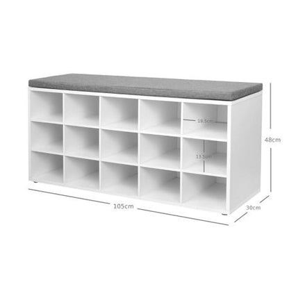 Bench Shoe Rack - White Entryway 15 Cubbies Bench Compartments Shoe Rack with Cushion