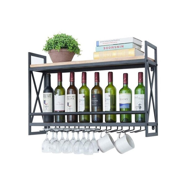 Wall Mounted Wine Rack - 2-Tier Black Finished Metal Bottle Display Glass Wine Rack Wall Mounted Storage