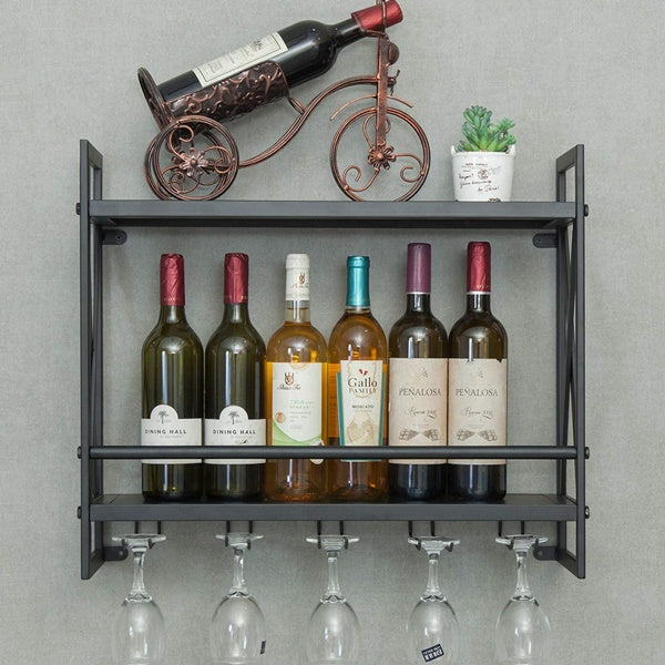 Wall Mounted Wine Rack - 2-Tier Black Finished Metal Bottle Display Glass Wine Rack Wall Mounted Storage