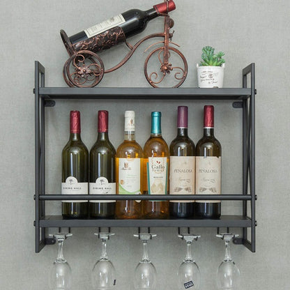 Wall Mounted Wine Rack - 2-Tier Black Finished Metal Bottle Display Glass Wine Rack Wall Mounted Storage