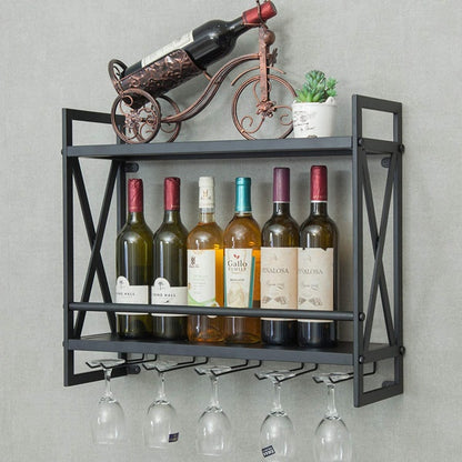 Wall Mounted Wine Rack - 2-Tier Black Finished Metal Bottle Display Glass Wine Rack Wall Mounted Storage