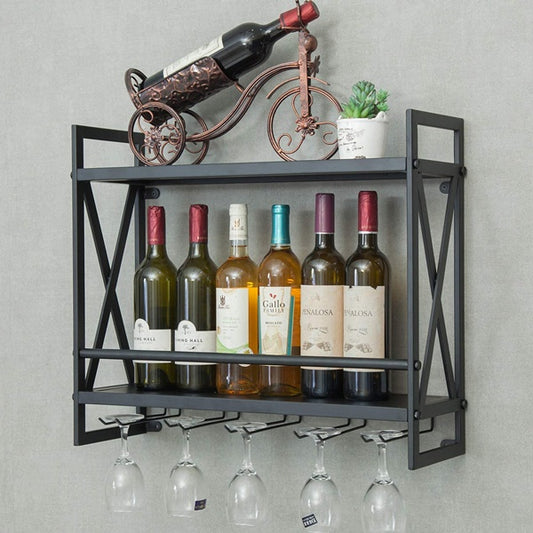 Wall Mounted Wine Rack - 2-Tier Black Finished Metal Bottle Display Glass Wine Rack Wall Mounted Storage