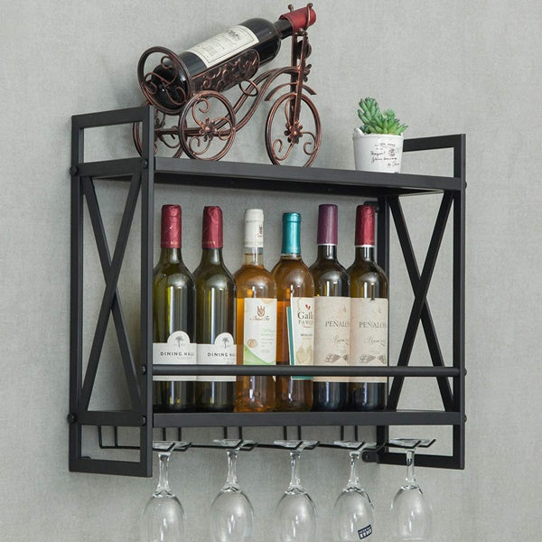 Wall Mounted Wine Rack - 2-Tier Black Finished Metal Bottle Display Glass Wine Rack Wall Mounted Storage