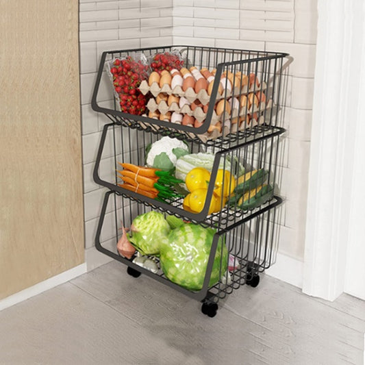 Metal Wire Storage Utility Cart - Storage Basket 3â€‘Tier Stackable Metal Wire Basket Utility Cart