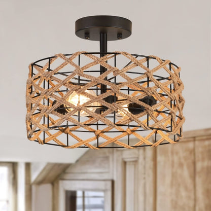 Hand Woven Ceiling Light - Boho Style Hemp Rope Rattan Flush Mount Ceiling Light