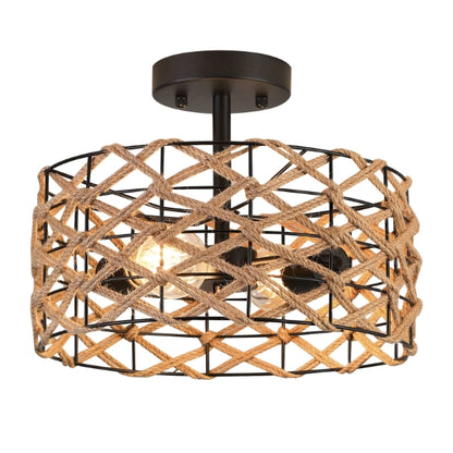 Hand Woven Ceiling Light - Boho Style Hemp Rope Rattan Flush Mount Ceiling Light