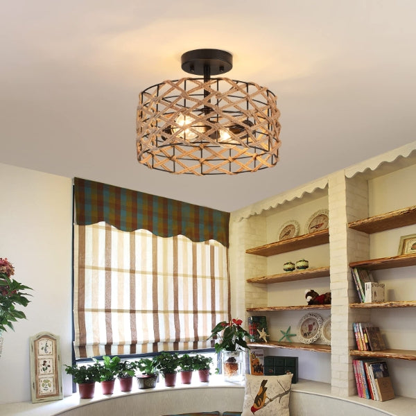 Hand Woven Ceiling Light - Boho Style Hemp Rope Rattan Flush Mount Ceiling Light