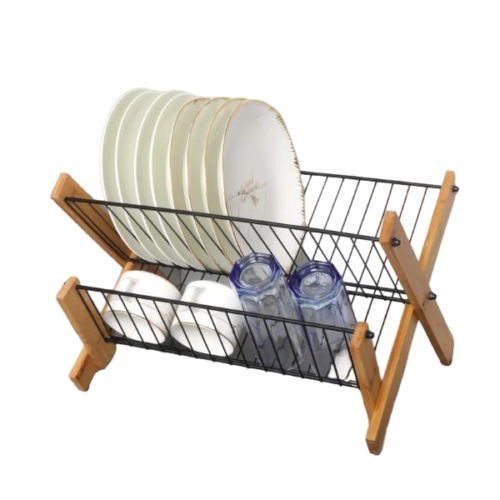 Dish Drying Rack - Bamboo Dish Rack Folding 2-Tier Collapsible Drainer Dish Drying Rack