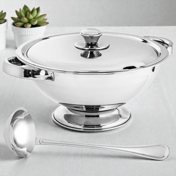 Soup Tureen - 29cm 4.5L Stainless Steel Soup Tureen with Lid and Serving Ladle