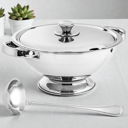 Soup Tureen - 29cm 4.5L Stainless Steel Soup Tureen with Lid and Serving Ladle