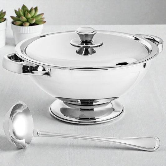 Soup Tureen - 29cm 4.5L Stainless Steel Soup Tureen with Lid and Serving Ladle